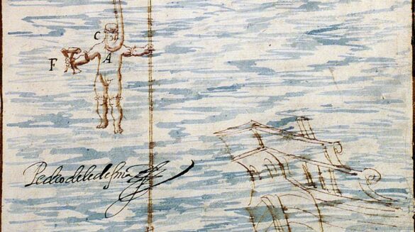 Inmersión de un buzo dibujada por Pedro de Ledesma en 1623