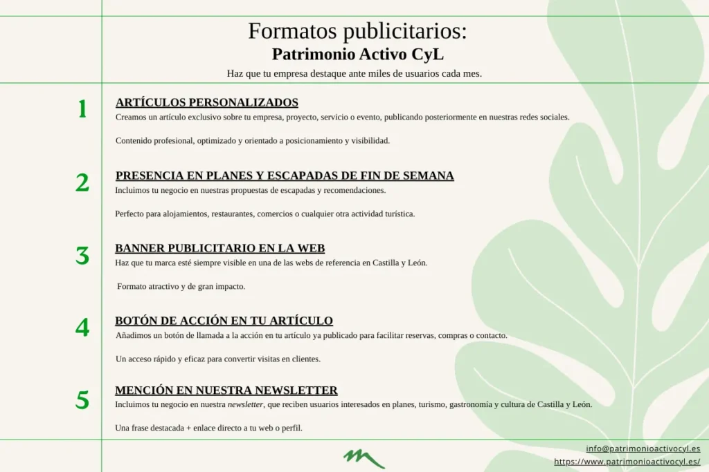 Listado gráfico de formatos publicitarios de Patrimonio Activo CyL, con cinco opciones numeradas en verde sobre fondo claro con una ilustración vegetal. Incluye artículos personalizados, presencia en planes y escapadas, banner publicitario, botón de acción en artículos y mención en la newsletter, junto con datos de contacto.
